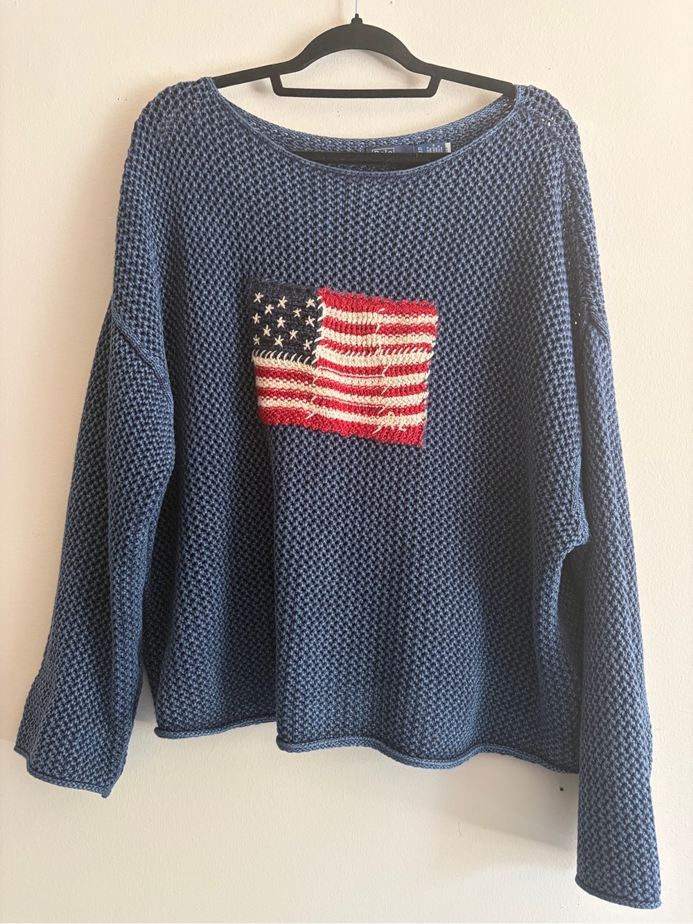 Ralph Lauren Navy Knit Crewneck Sweater with Knitted Flag Patch